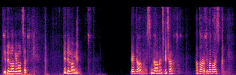 Spectrogram of the enhanced output on the same colour scale: the background noise is gone, leaving the stacked horizontal harmonics of the voice and dark gaps where no one is speaking.